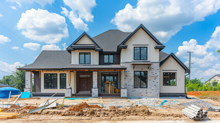 Poster - A large house with a lot of windows and a black roof. The house is in the process of being built