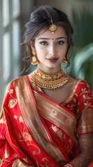 Young Indian bride wearing red traditional saree with background. Generative AI.