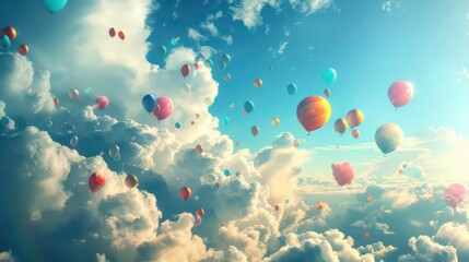 Wall Mural - Rainbow colored balloons in the sky and clouds. Generative AI