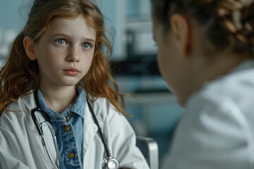 Wall Mural - A young girl in a white lab coat sits in a chair with her head down. She is wearing a stethoscope around her neck