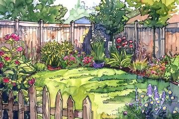 Wall Mural - Backyard garden in style pen water landscape gardening.