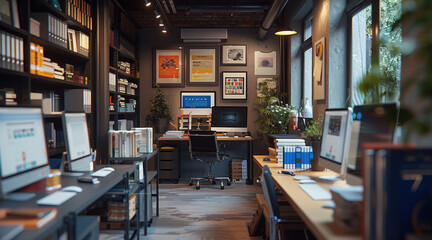 Sticker - Interior of design studio, many computers behind, color palette, modern workstation, paper printing machine, advertising marketing, books on shelf. Generative AI.