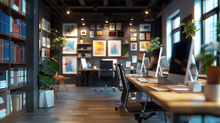 Leinwandbilder - Interior of design studio, many computers behind, color palette, modern workstation, paper printing machine, advertising marketing, books on shelf. Generative AI.