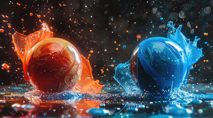 Aufkleber - Two small balls collide, bursting with paint loaded with colors, blue and red hues, dark background. Generative AI.