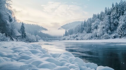 Wall Mural - Snow landscape on a winter mountain with a picturesque river; featuring a serene, frosty atmosphere for a stunning copy space image. Generative AI