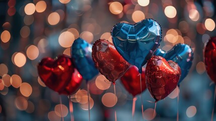 Poster - A bunch of heart shaped balloons in red and blue. The balloons are arranged in a row and are all facing the same direction