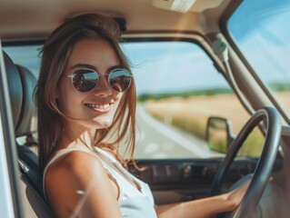 Wall Mural - A woman is driving a car with her sunglasses on. She is smiling and she is enjoying her time