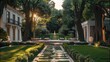 © visoot - Mode white green luxury backyard has many trees inspired luxury interior design aesthetics, jewel tones. Generative AI.