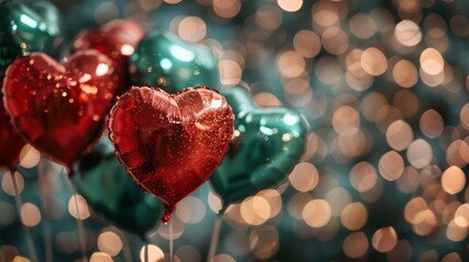 Poster - A bunch of balloons with hearts on them. The balloons are red and green. The balloons are arranged in a way that they look like they are floating in the air