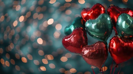Poster - A bunch of red and green balloons with hearts on them. The balloons are arranged in a way that they look like they are floating in the air. The image has a festive and joyful mood