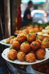 Wall Mural - A stack of fried rice balls on a white plate. The plate is on a silver tray. There are other plates of rice balls on the tray as well