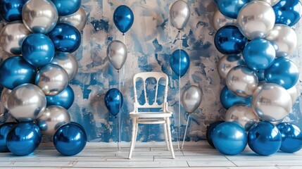 Poster - A chair is sitting in front of a wall of balloons. The balloons are blue and silver, and they are arranged in a way that creates a sense of depth and dimension