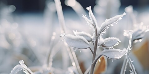 Poster - A frosty plant with a few leaves on it. The leaves are covered in ice and snow