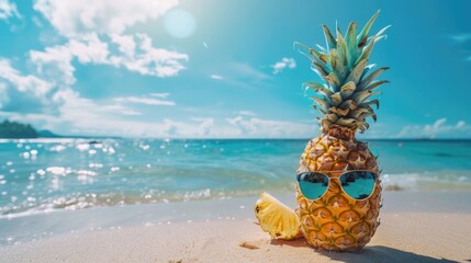 Wall Mural - A pineapple wearing sunglasses is sitting on the beach. The scene is bright and sunny, with the pineapple and sunglasses adding a playful and fun element to the image