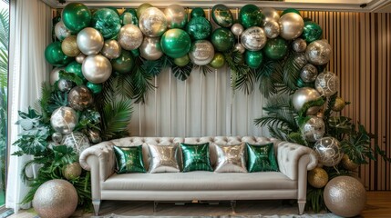 Poster - A green and silver couch is surrounded by a bunch of balloons. The balloons are scattered around the couch and the room, creating a festive and lively atmosphere