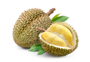 Wall Mural - Ripe Durian fruit with cut in half isolated on white background.