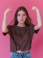Wall Mural - A woman with long brown hair is wearing a brown shirt and blue jeans. She is standing with her arms raised, giving the impression of strength and confidence