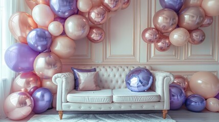 Poster - A couch is surrounded by a bunch of balloons in different colors. The couch is white and the balloons are purple, pink, and gold. The balloons are arranged in a way that they create a festive