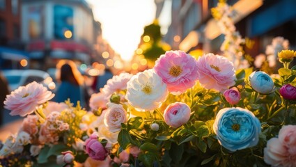 Wall Mural - Beautiful colorful blooming roses under warm sunlight, with blurred road background with soft bokeh effect.