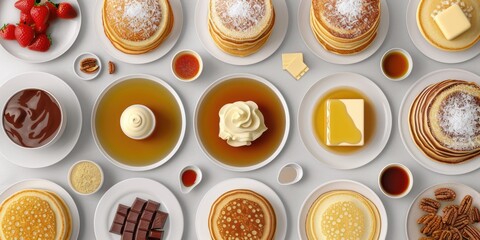 Poster - A collection of pancakes and other breakfast foods are arranged on a table. The pancakes are of various sizes and shapes, and there are also other items such as syrup, butter, and fruit
