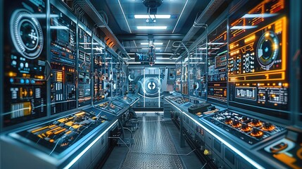Aufkleber - The engineer workspace is filled with advanced machinery and control panels, demonstrating the meticulous process of interface design and the importance. Generative AI.