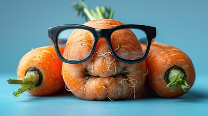 Wall Mural - Dioptric glasses and how we have carrots. Fun photos for healthy eyesight. Glasses and carrots