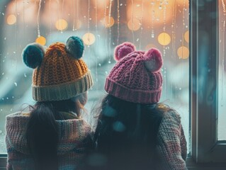 Wall Mural - Two young girls are sitting next to each other, wearing matching hats and looking out the window. Scene is cozy and warm, as the girls are enjoying each other's company and watching the rain outside