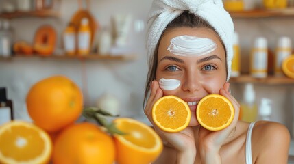 Poster - Woman applying product, cream to her skin Use oranges as an element. Generative AI.