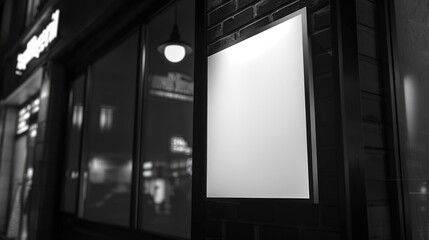 Wall Mural - A white sign is hanging on a brick wall. The sign is empty and the background is dark