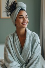 Wall Mural - A woman is sitting in a bathtub wearing a towel and a headband. She is smiling and looking at the camera