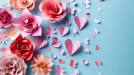 Wall Mural - Sweet paper background in origami style paper flowers and hearts. Happy mother's day theme. Generative AI