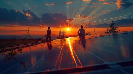 Poster - Two men installing solar panels on a roof at sunset. Generative AI.