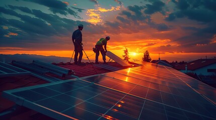Poster - Two men installing solar panels on a roof at sunset. Generative AI.