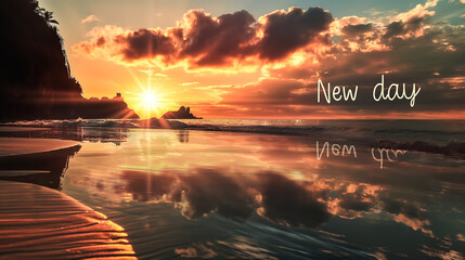 New day written against a poetic sunrise seascape.