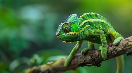 Vibrant green chameleon on a branch, blending with its natural habitat. A perfect capture of nature and wildlife in the jungle.