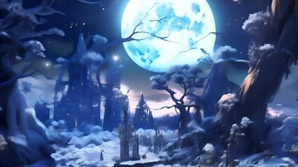 a fantasy scary forest landscape with ancient twisted trees and spooky castle silhouette under a lar