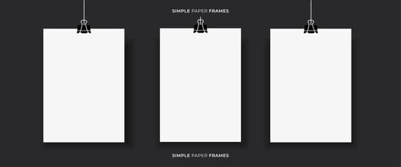 Paper photo frame collage mockups. Blank paper sheets with black paper clips on dark background. Simple cards for photos, pictures. 