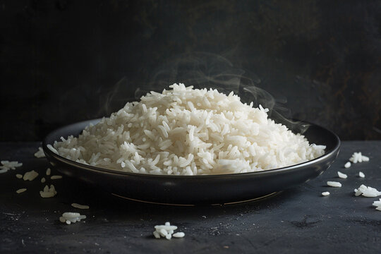 a plate of rice on a black surface