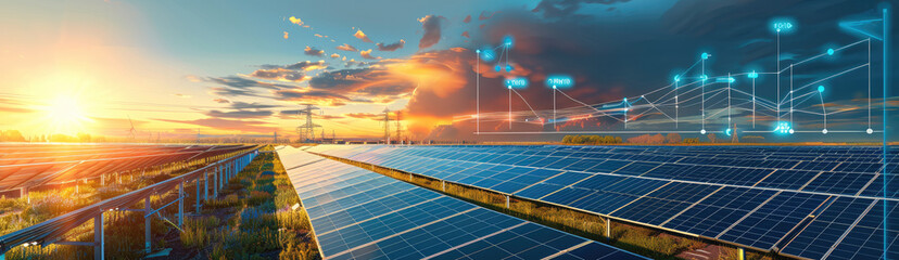 Poster - Solar panels installed on the roof of an industrial complex, on the right side is a diagram showing the monthly electricity production from the solar power plant. Generative AI.