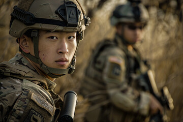 Leinwandbilder - Portrait of a soldier with a weapon during a military operation made with generative AI