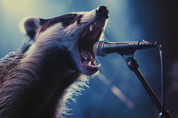 Sticker - Created with generative AI picture of a badger animal singing song with microphone