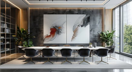 Meeting room, In a modern study that is simple, high-end, and has a sense of design, the contemporary art works inside greatly enhance the spatial taste. Generative AI.