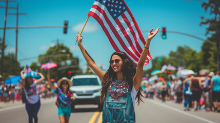 A woman in casual attire, joyfully holding a USA flag high above her head, with a festive parade in the background celebrating Independence Day.