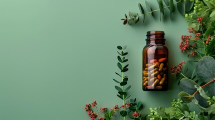 Herbal Supplements Bottle with Green Leaves and Flowers on Green Background