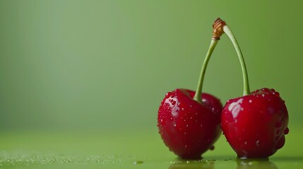 Two cherries with water droplets on them on a green surface.