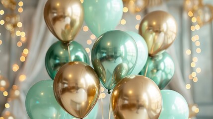 Poster - A bunch of balloons with gold and green colors. The balloons are arranged in a way that they look like they are floating in the air. Scene is festive and celebratory