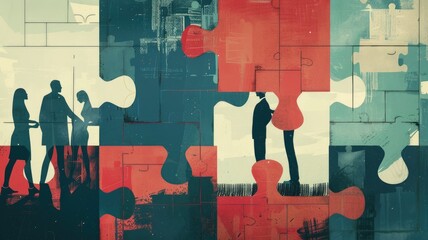 Wall Mural - An image of diverse smart people collaborating on large puzzle pieces. Professional business team working together and gather jigsaw piece together. Teamwork and cooperation concept for design. AIG53F