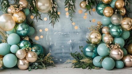 Wall Mural - A large room with a green and gold color scheme. The room is decorated with many balloons and plants