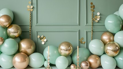 Sticker - A room with a green and gold color scheme is decorated with balloons and candles. The balloons are arranged in a way that creates a sense of movement and energy, while the candles add a warm