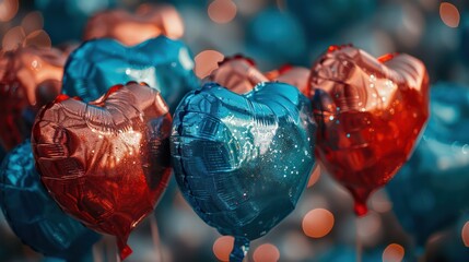 Poster - A bunch of heart shaped balloons in blue and red. The balloons are hanging from a string. The balloons are in different sizes and colors